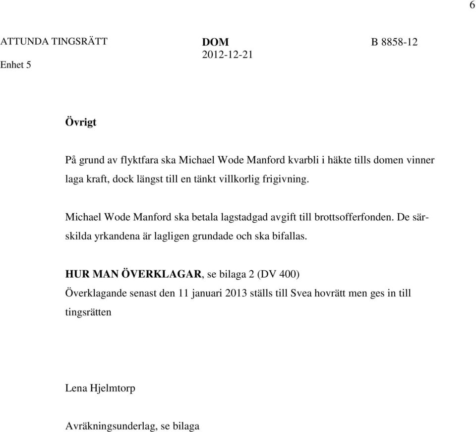 Michael Wode Manford ska betala lagstadgad avgift till brottsofferfonden.