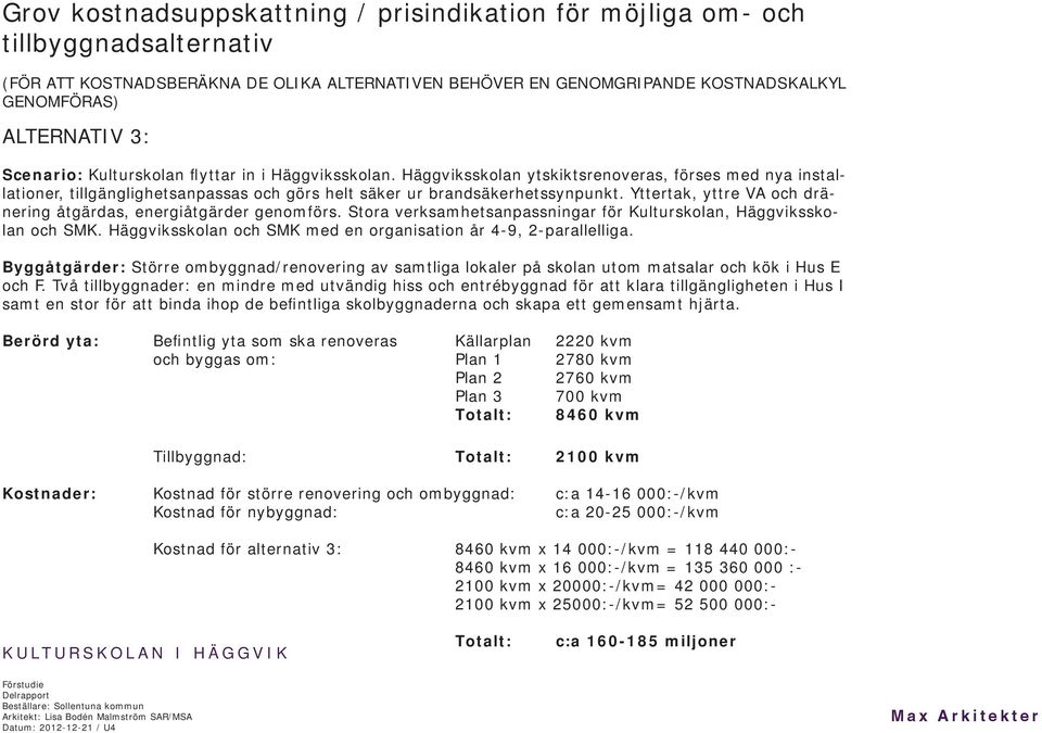 Yttertak, yttre VA och dränering åtgärdas, energiåtgärder genomförs. Stora verksamhetsanpassningar för Kulturskolan, Häggviksskolan och SMK.