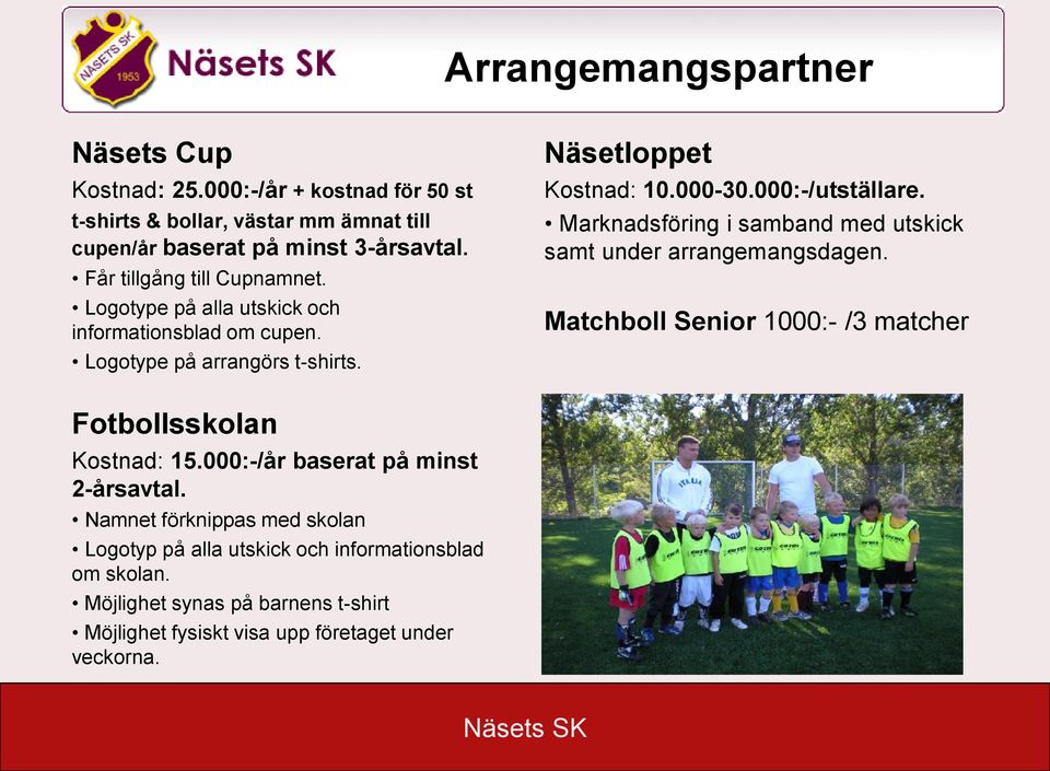 000:-/utställare. Marknadsföring i samband med utskick samt under arrangemangsdagen. Matchboll Senior 1000:- /3 matcher Fotbollsskolan Kostnad: 15.