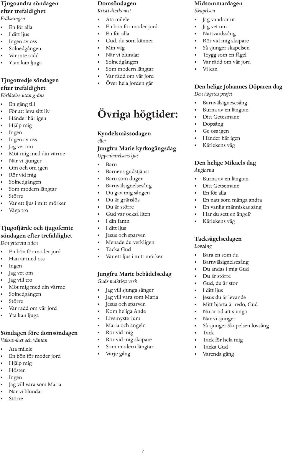 Uppenbarelsens ljus ens gudstjänst som duger välsignelsesång Menade du verkligen Jungfru Marie bebådelsedag Guds mäktiga verk Jag vill sjunga sånger Kom heliga Ande Maria och ängeln skapare Varje