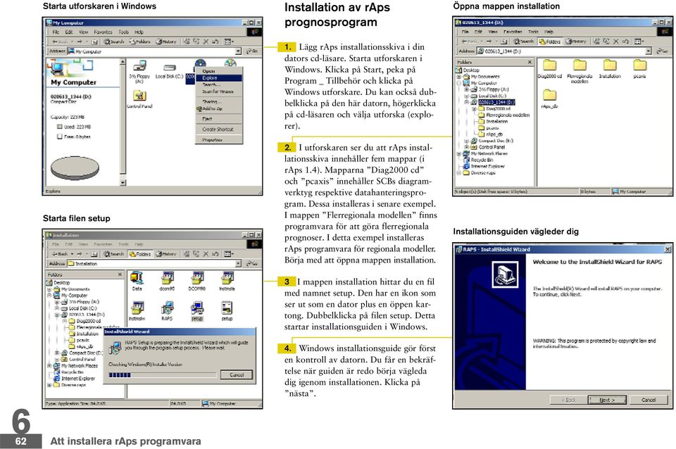 I utforskaren ser du att raps installationsskiva innehåller fem mappar (i raps 1.4). Mapparna Diag2000 cd och pcaxis innehåller SCBs diagramverktyg respektive datahanteringsprogram.