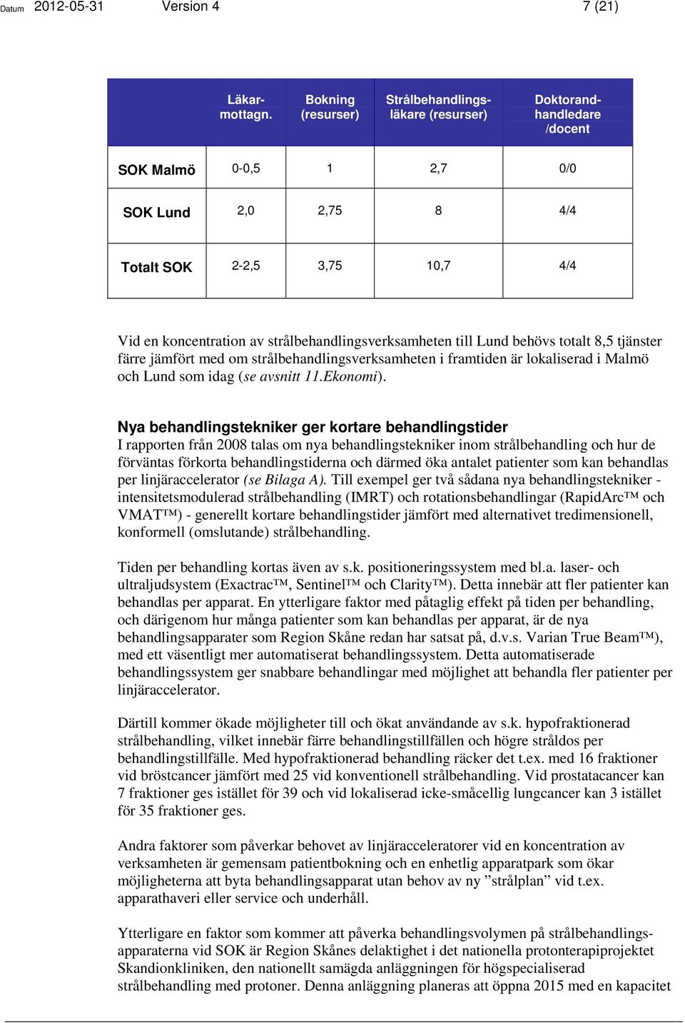 strålbehandlingsverksamheten till behövs totalt 8,5 tjänster färre jämfört med om strålbehandlingsverksamheten i framtiden är lokaliserad i Malmö och som idag (se avsnitt 11.Ekonomi).
