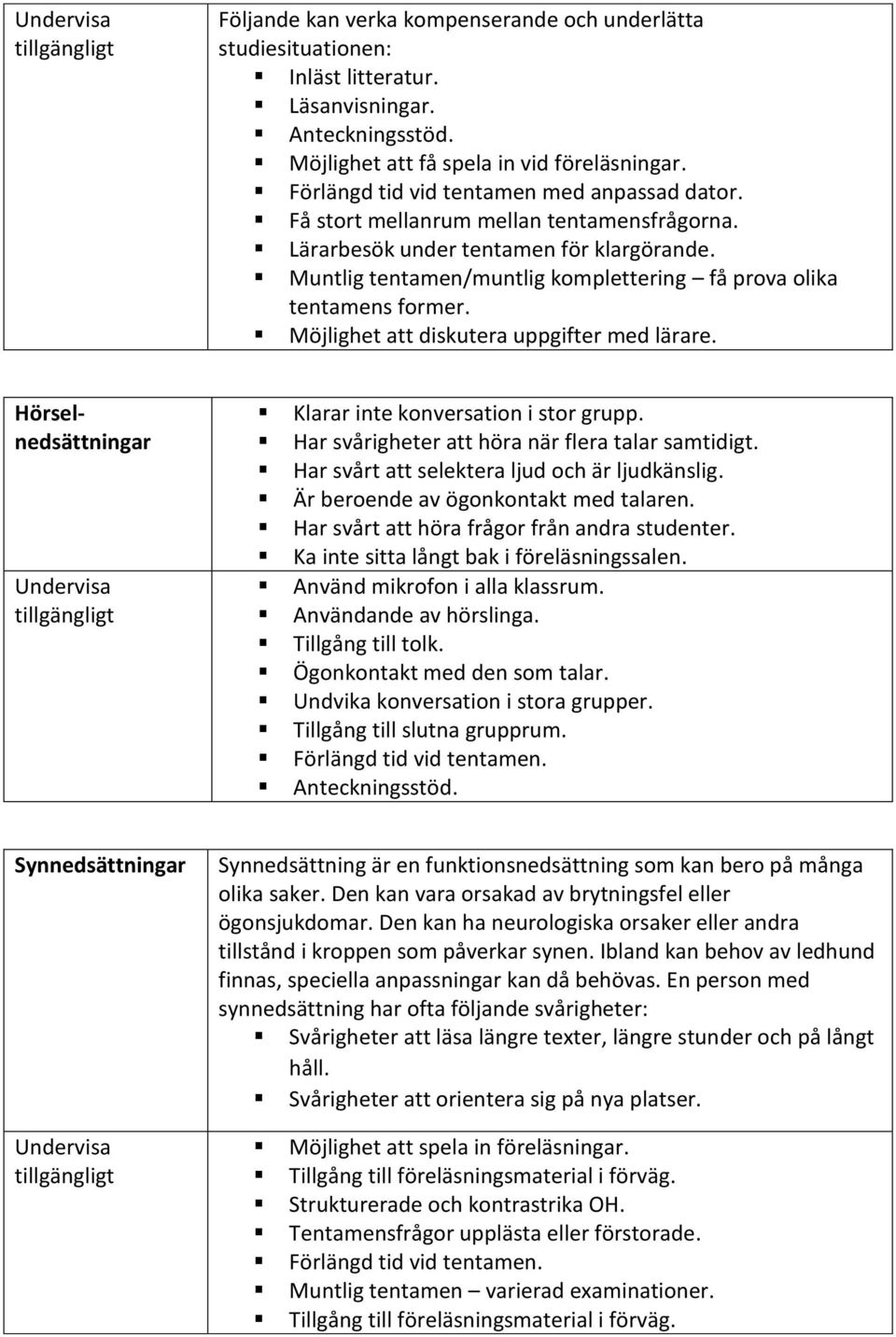 Muntlig tentamen/muntlig komplettering få prova olika tentamens former. Möjlighet att diskutera uppgifter med lärare. Hörselnedsättningar Klarar inte konversation i stor grupp.