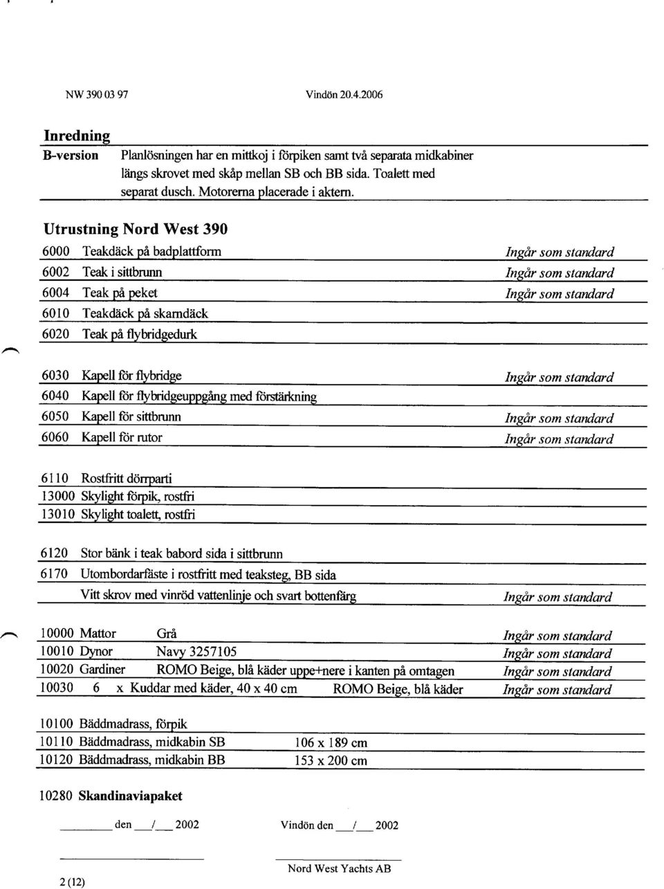 Utrustning Nord West 390 6000 Teakdiickplbadplattform Ingdr som standard 6002 Teak i sittbnrnn Ingdr som standqrd 6004 Teak pi peket Insdr som standard 6010 Teakdiick pi skarndiick 6020 Teak pi