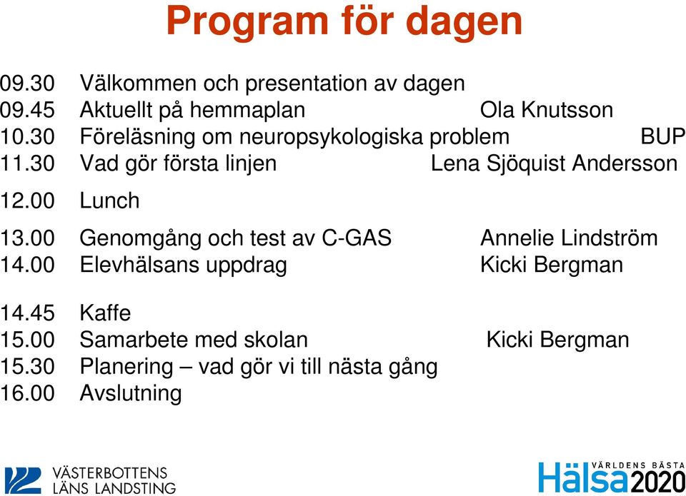 00 Lunch 13.00 Genomgång och test av C-GAS Annelie Lindström 14.00 Elevhälsans uppdrag Kicki Bergman 14.