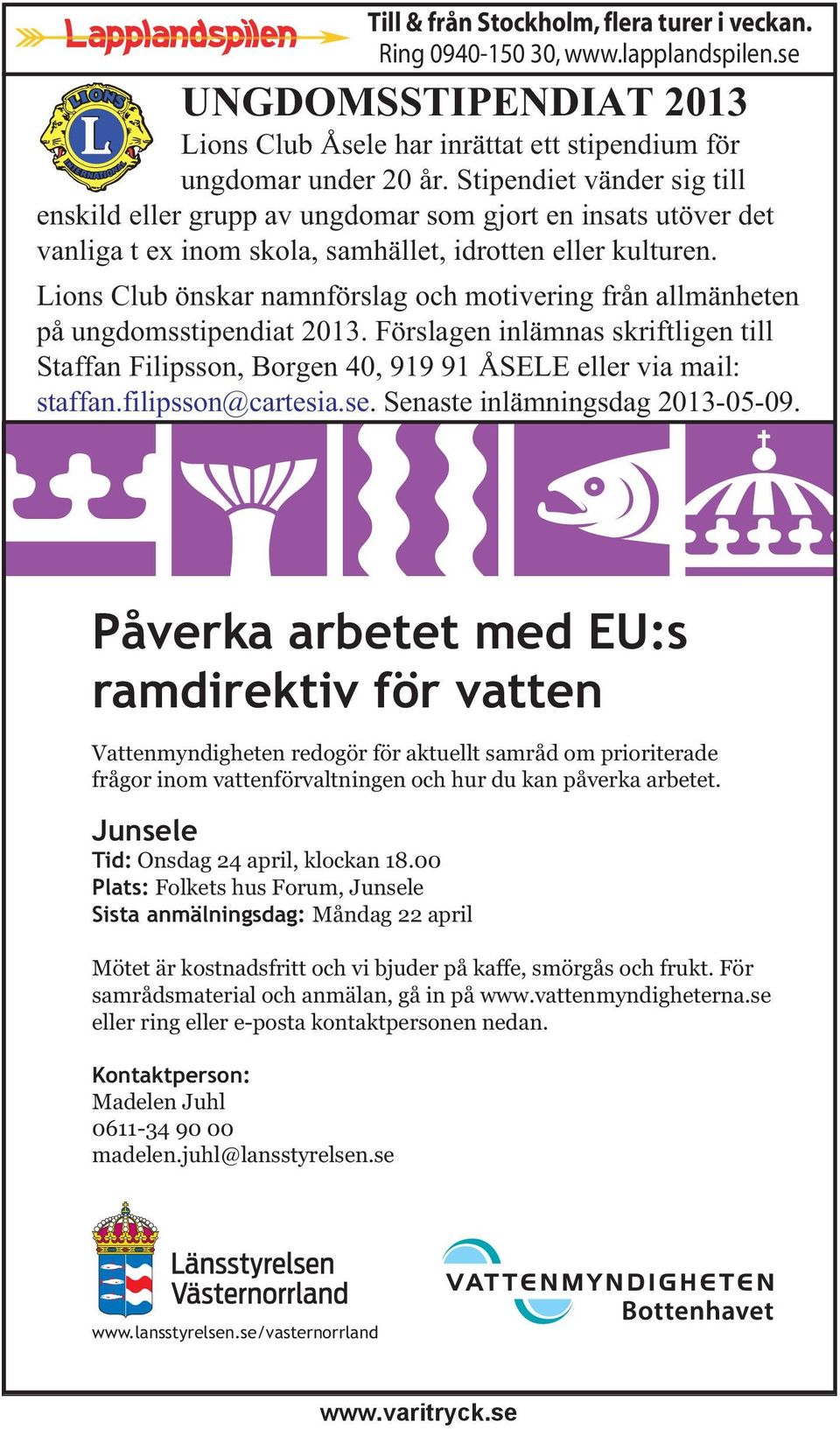 Lions Club önskar namnförslag och motivering från allmänheten på ungdomsstipendiat 2013. Förslagen inlämnas skriftligen till Staffan Filipsson, Borgen 40, 919 91 ÅSELE eller via mail: staffan.
