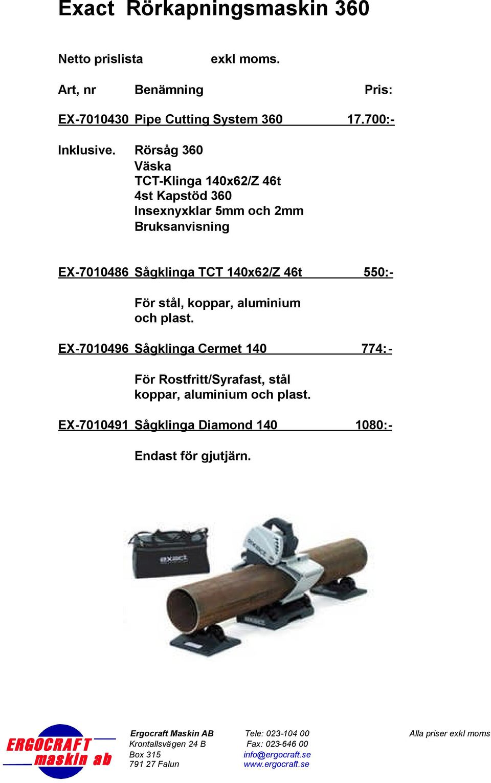 Rörsåg 360 Väska TCT-Klinga 140x62/Z 46t 4st Kapstöd 360 Insexnyxklar 5mm och 2mm Bruksanvisning EX-7010486 Sågklinga