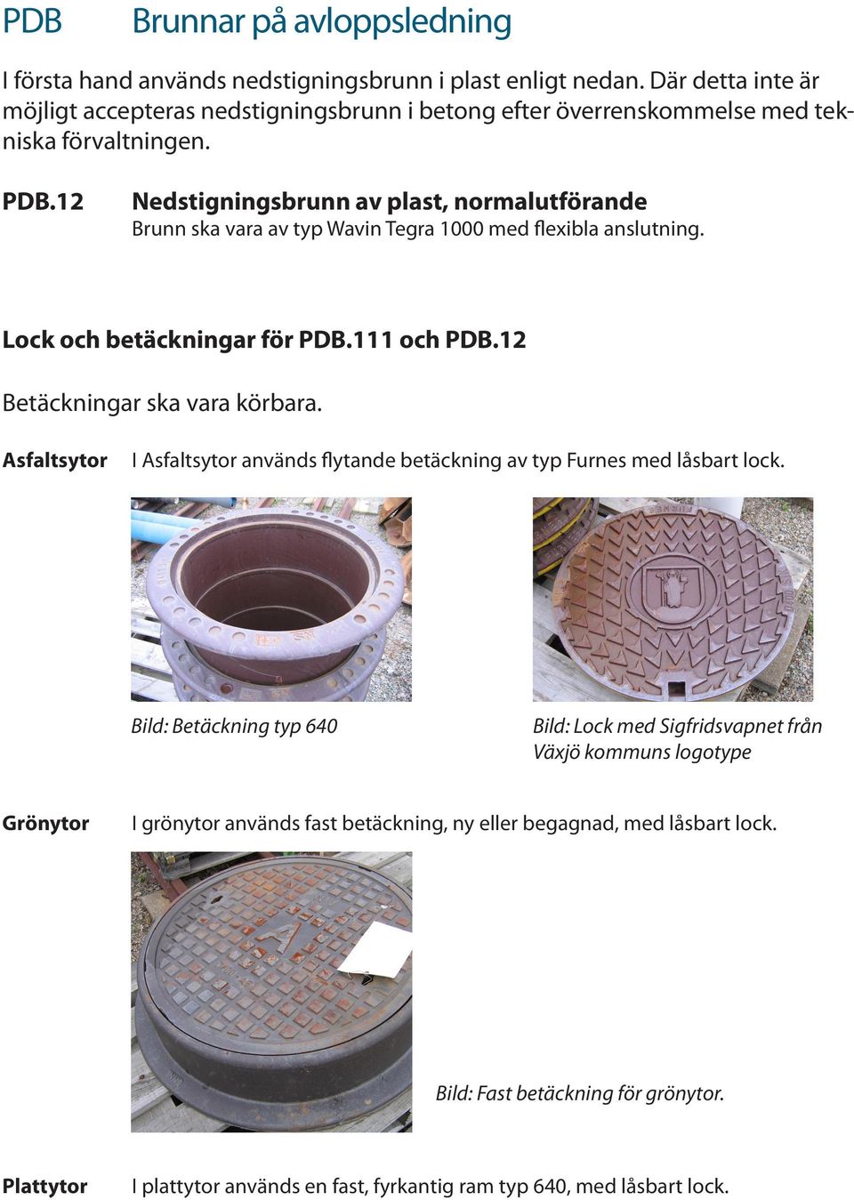 12 Nedstigningsbrunn av plast, normalutförande Brunn ska vara av typ Wavin Tegra 1000 med flexibla anslutning. Lock och betäckningar för PDB.111 och PDB.12 Betäckningar ska vara körbara.