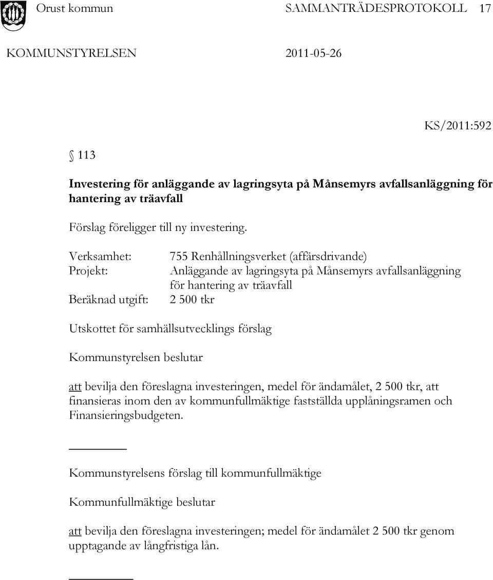 samhällsutvecklings förslag Kommunstyrelsen beslutar att bevilja den föreslagna investeringen, medel för ändamålet, 2 500 tkr, att finansieras inom den av kommunfullmäktige fastställda