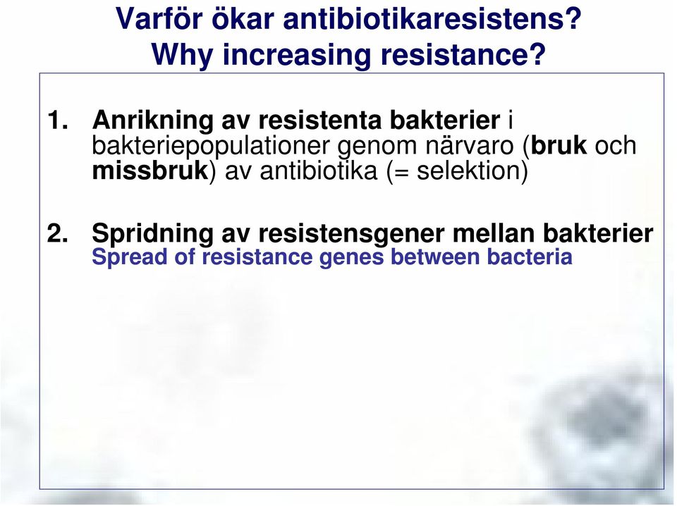 närvaro (bruk och missbruk) av antibiotika (= selektion) 2.