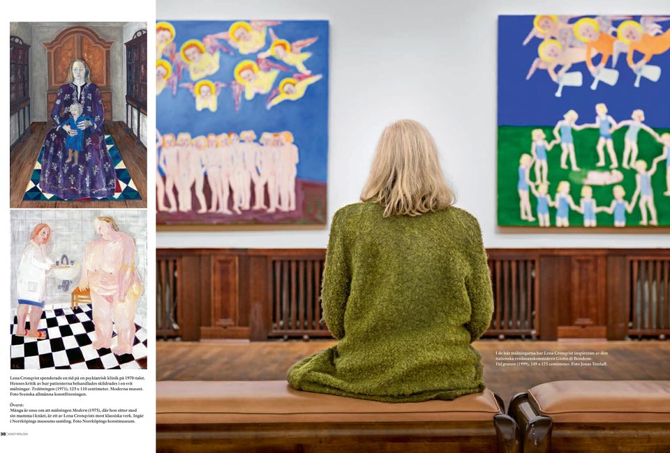 Hennes kritik av hur patienterna behandlades skildrades i en svit målningar. Tvättningen (1971), 125 x 110 centimeter. Moderna museet.