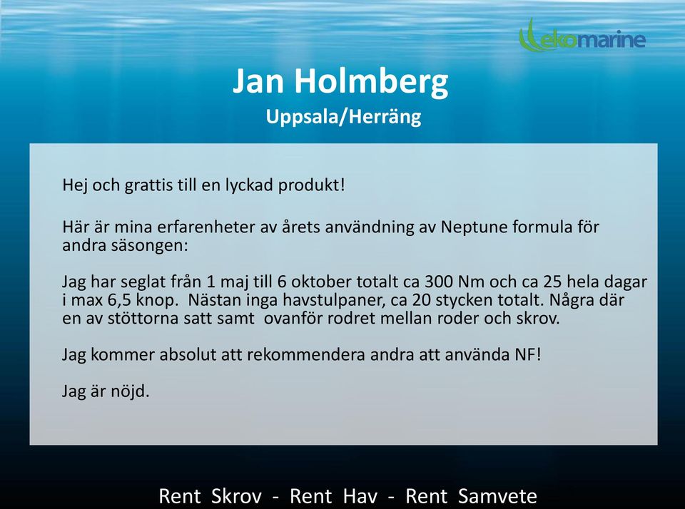 till 6 oktober totalt ca 300 Nm och ca 25 hela dagar i max 6,5 knop.