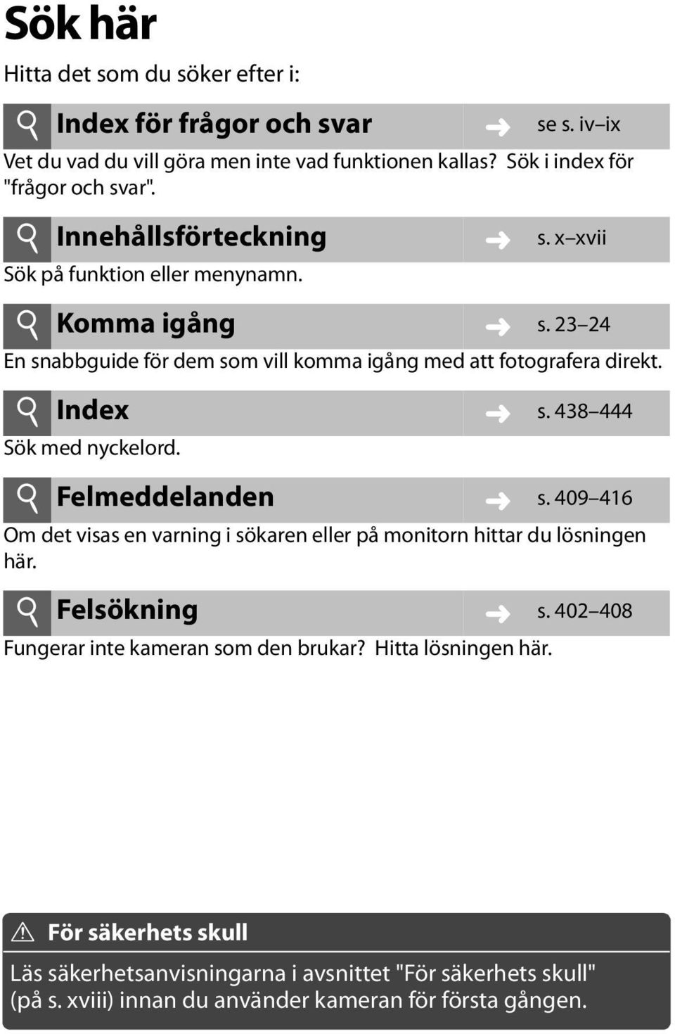 i Index Sök med nyckelord. s. 438 444 i Felmeddelanden s. 409 416 Om det visas en varning i sökaren eller på monitorn hittar du lösningen här. i Felsökning s.