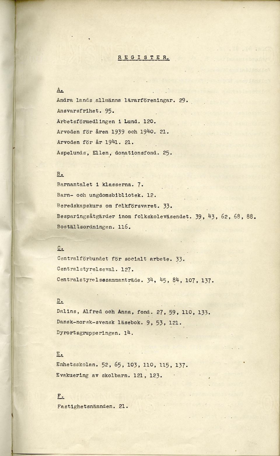 Il6. SJL Centralförbundet för socialt arbete. 33* Central styrel seval. 127. Central styrel se sammanträde. 3^, 4-5, 84, 107, 137. Dallns, Alfred och Anna, fond. 27, 59, 110, 133.