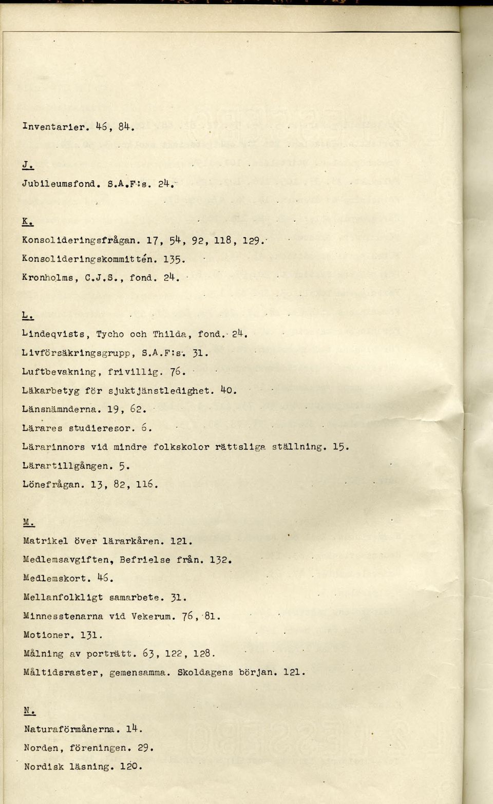 15. Lärartlllgången. 5» Lönefrågan. 13, 82, 116. Matrikel över lärarkåren. 121. Medlemsavgiften, Befrielse från. 132. Medlemskort. 46. Mellanfolkligt samarbete. 31. Minnesstenarna vid Vekerum.