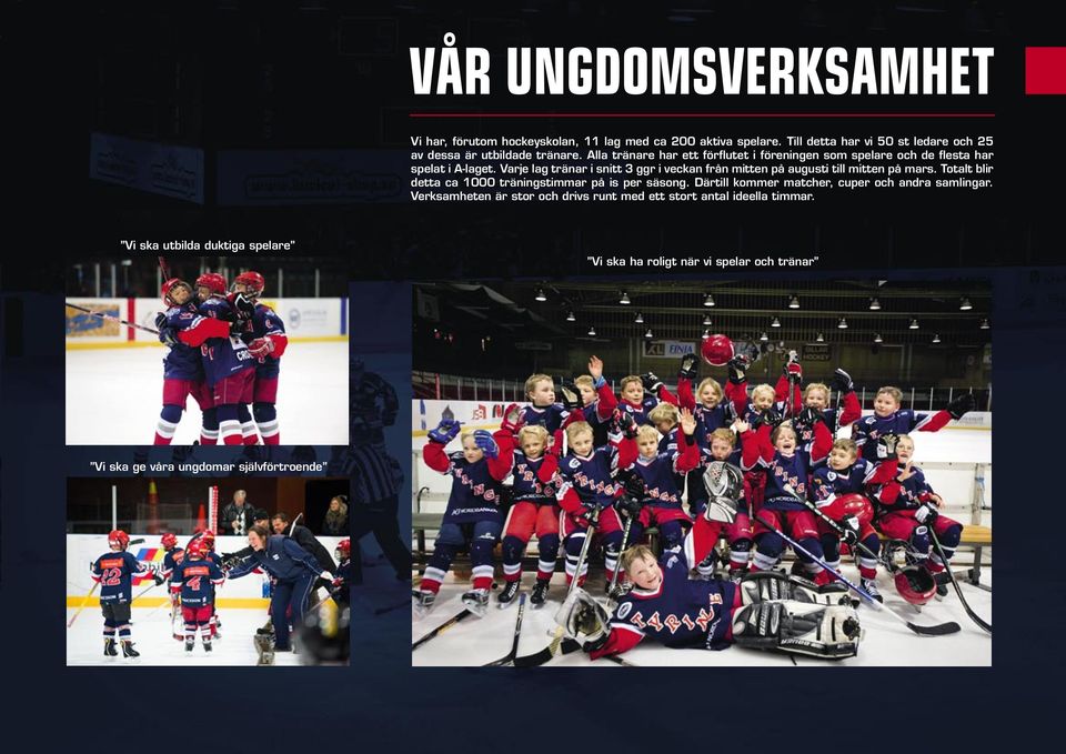 Varje lag tränar i snitt 3 ggr i veckan från mitten på augusti till mitten på mars. Totalt blir detta ca 1000 träningstimmar på is per säsong.
