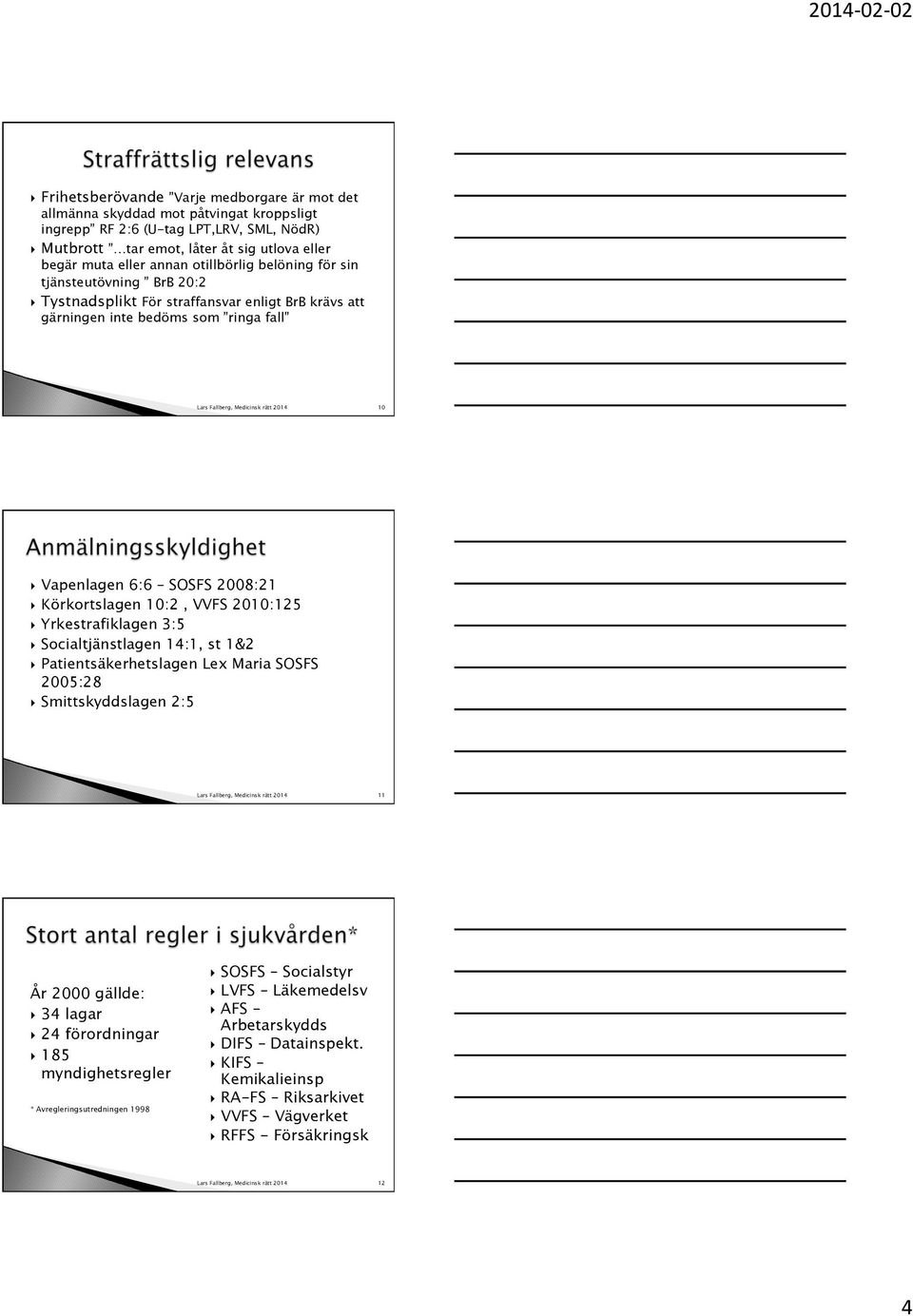 Körkortslagen 10:2, VVFS 2010:125 } Yrkestrafiklagen 3:5 } Socialtjänstlagen 14:1, st 1&2 } Patientsäkerhetslagen Lex Maria SOSFS 2005:28 } Smittskyddslagen 2:5 11 År 2000 gällde: } 34 lagar } 24