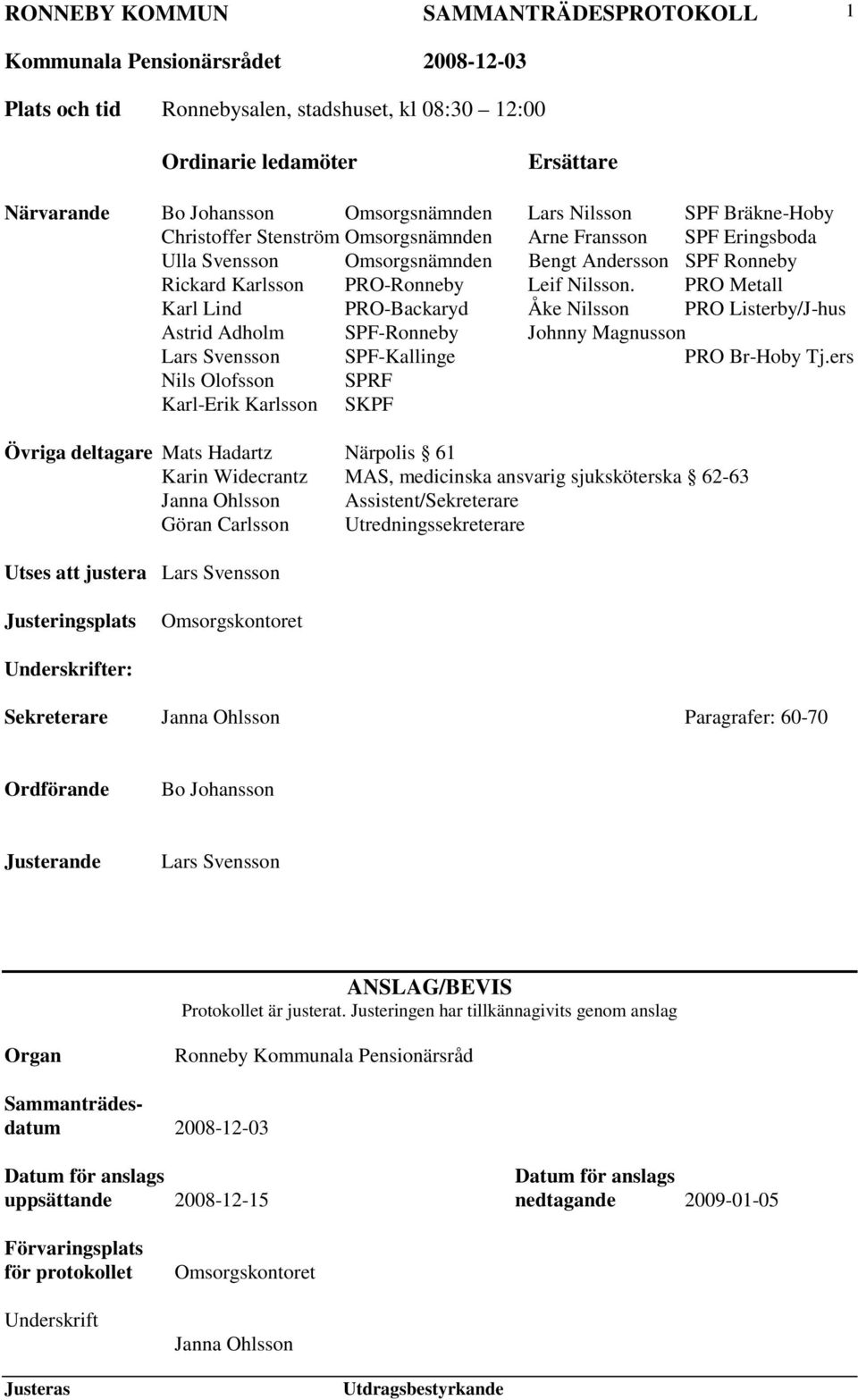 PRO Metall Karl Lind PRO-Backaryd Åke Nilsson PRO Listerby/J-hus Astrid Adholm SPF-Ronneby Johnny Magnusson Lars Svensson SPF-Kallinge PRO Br-Hoby Tj.