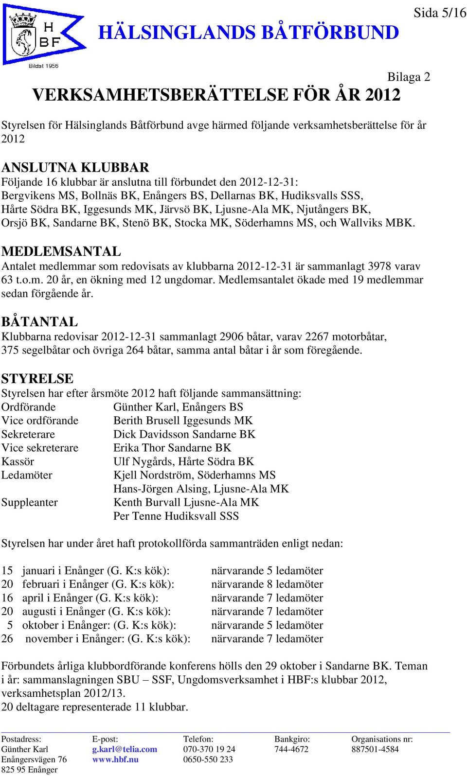 BK, Stocka MK, Söderhamns MS, och Wallviks MBK. MEDLEMSANTAL Antalet medlemmar som redovisats av klubbarna 2012-12-31 är sammanlagt 3978 varav 63 t.o.m. 20 år, en ökning med 12 ungdomar.