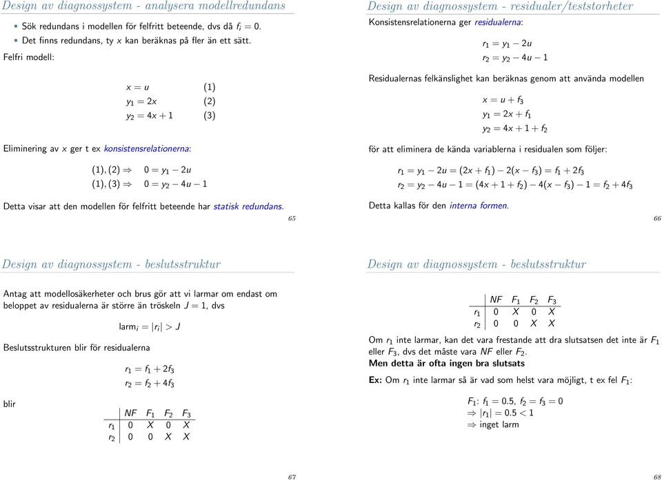 felkänslighet kan beräknas genom att använda modellen x = u + f 3 y 1 = 2x + f 1 y 2 = 4x + 1 + f 2 Eliminering av x ger t ex konsistensrelationerna: (1), (2) 0 = y 1 2u (1), (3) 0 = y 2 4u 1 Detta
