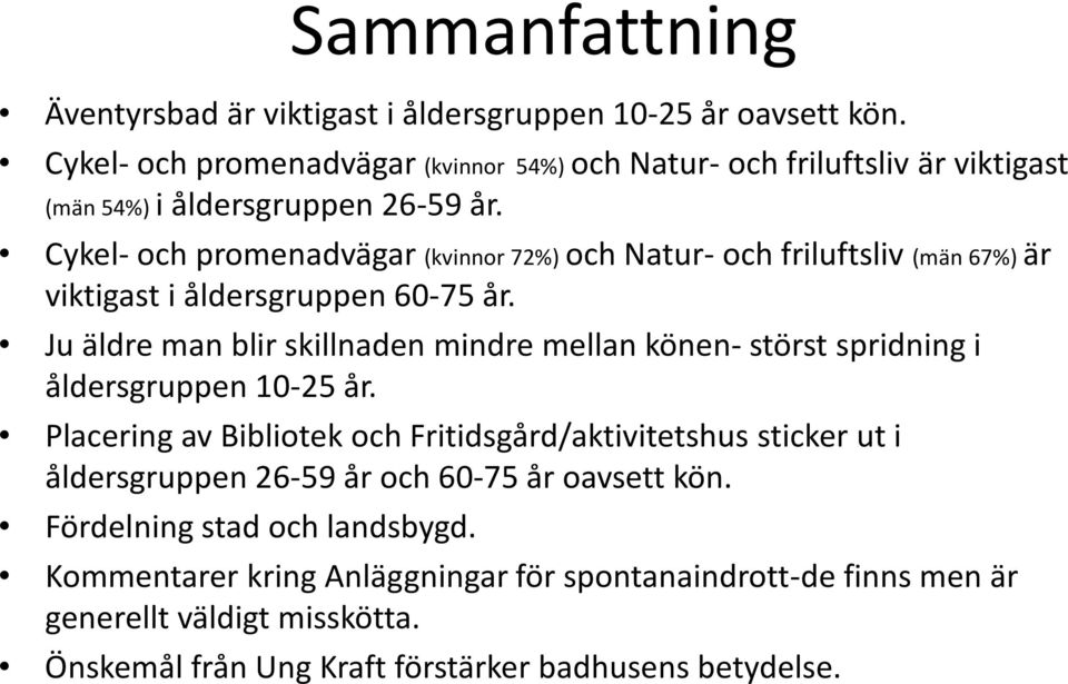 Cykel- och promenadvägar (kvinnor 72%) och Natur- och friluftsliv (män 67%) är viktigast i åldersgruppen 60-75 år.