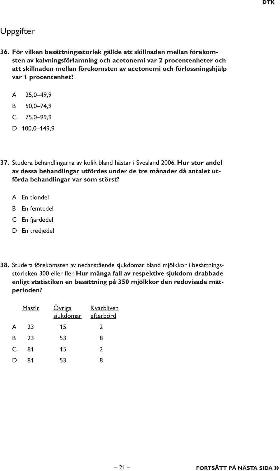 förlossningshjälp var 1 procentenhet? A 25,0 49,9 B 50,0 74,9 C 75,0 99,9 D 100,0 149,9 37. Studera behandlingarna av kolik bland hästar i Svealand 2006.