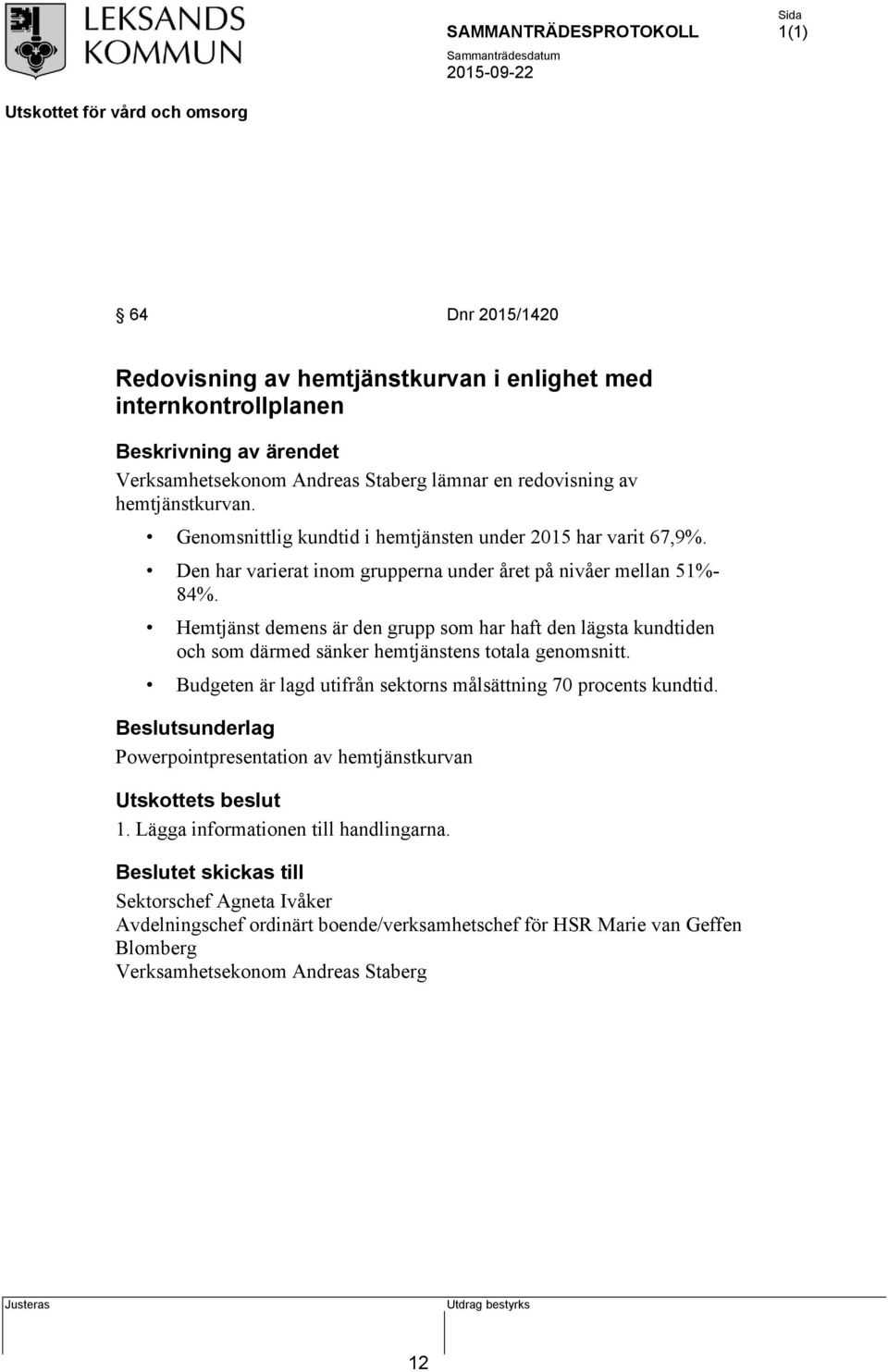 Hemtjänst demens är den grupp som har haft den lägsta kundtiden och som därmed sänker hemtjänstens totala genomsnitt.