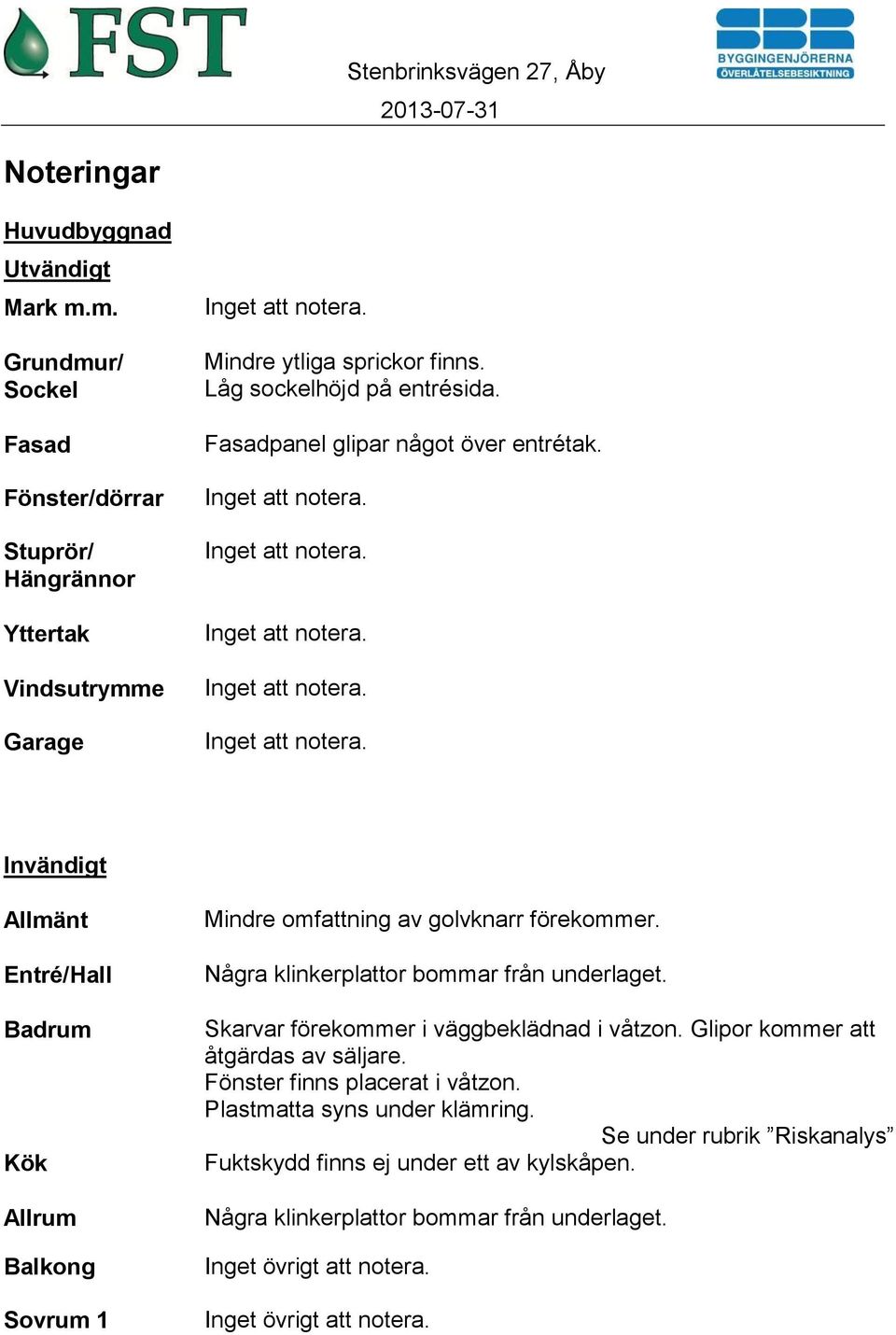 Inget att notera. Inget att notera. Inget att notera. Inget att notera. Invändigt Allmänt Entré/Hall Badrum Kök Allrum Balkong Sovrum 1 Mindre omfattning av golvknarr förekommer.