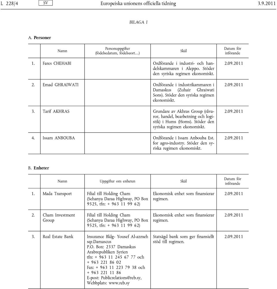 Stöder den syriska regimen ekonomiskt. 3. Tarif AKHRAS Grundare av Akhras Group (råvaror, handel, bearbetning och logistik) i Hums (Homs). Stöder den syriska regimen ekonomiskt. 4.