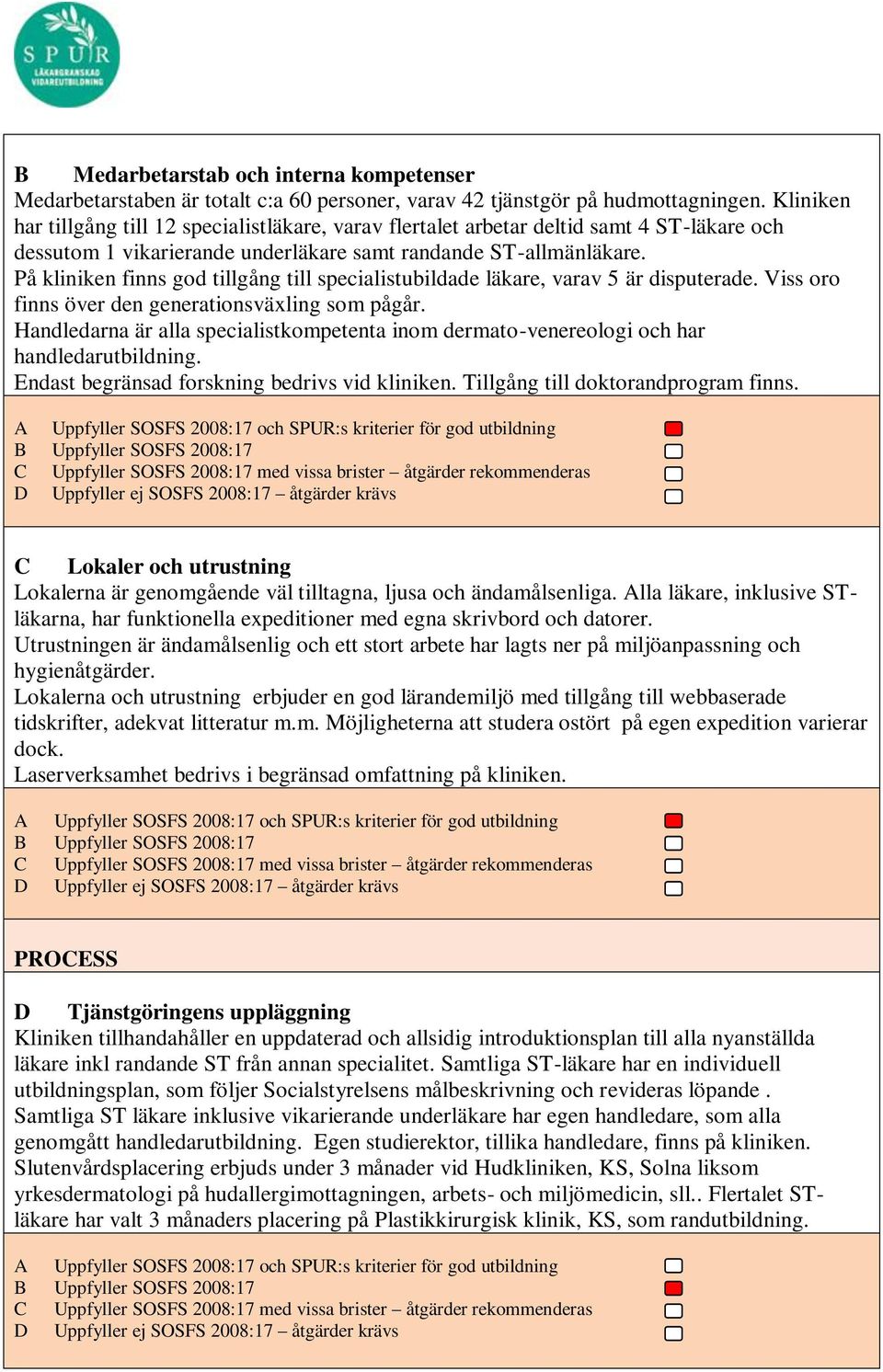 På kliniken finns god tillgång till specialistubildade läkare, varav 5 är disputerade. Viss oro finns över den generationsväxling som pågår.