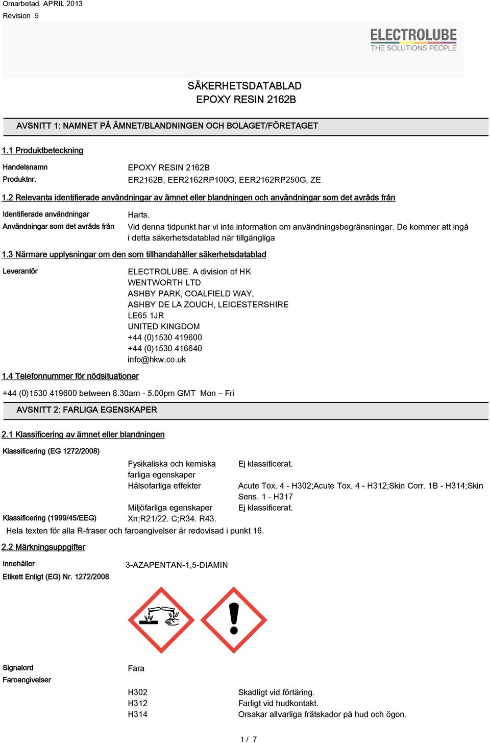 2 Relevanta identifierade användningar av ämnet eller blandningen och användningar som det avråds från Identifierade användningar Användningar som det avråds från Harts.