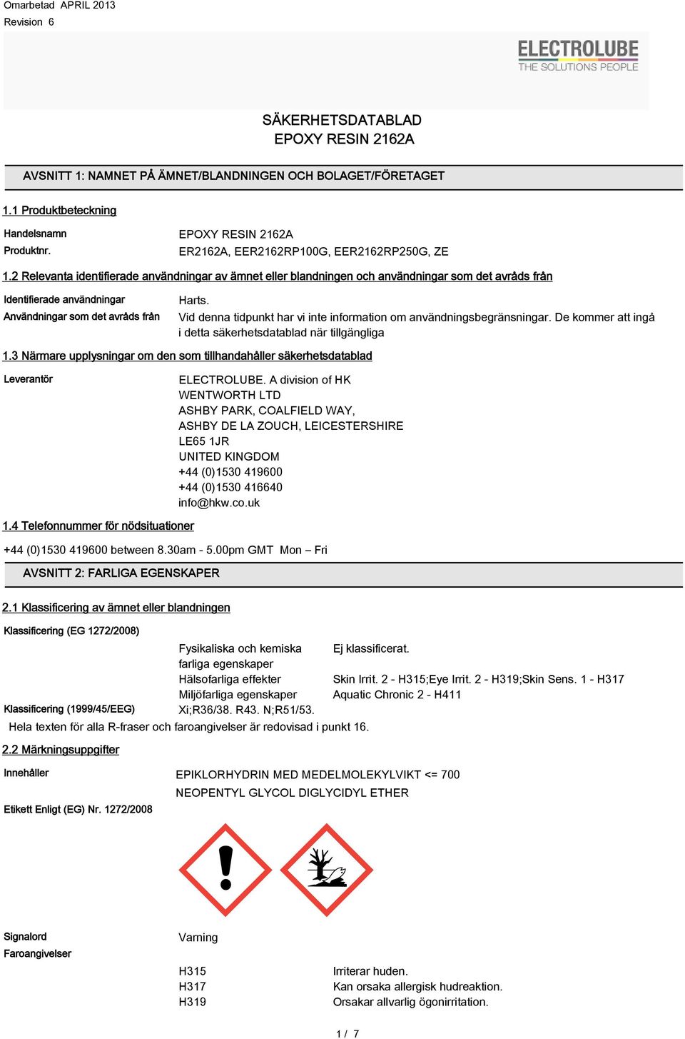 2 Relevanta identifierade användningar av ämnet eller blandningen och användningar som det avråds från Identifierade användningar Användningar som det avråds från Harts.