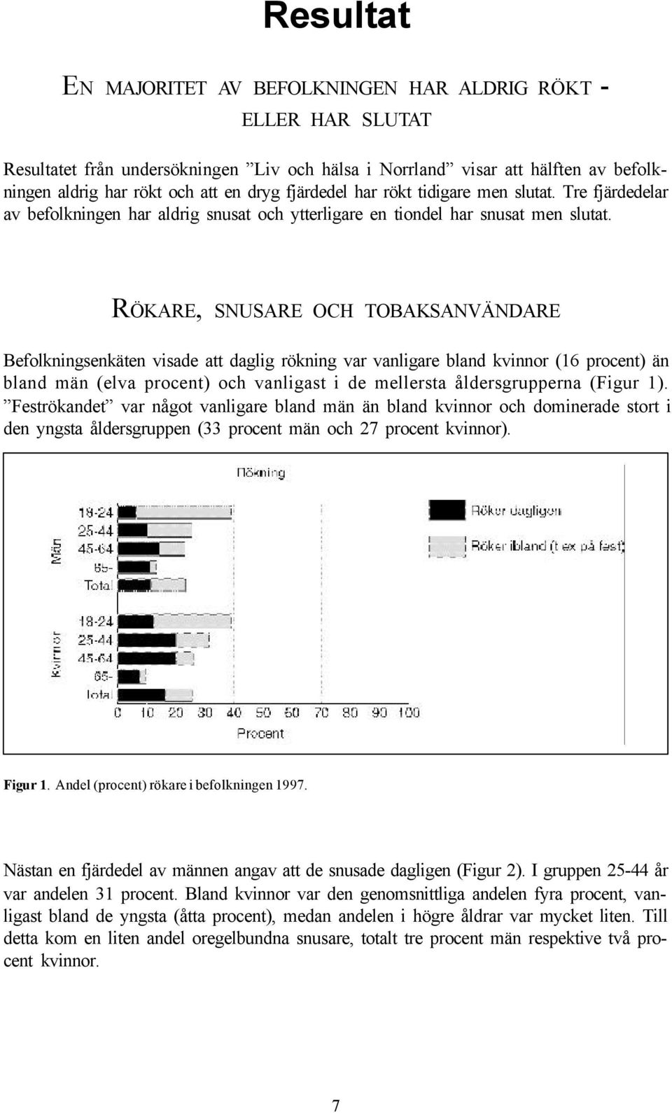 RÖKARE, SNUSARE OCH TOBAKSANVÄNDARE Befolkningsenkäten visade att daglig rökning var vanligare bland kvinnor (16 procent) än bland män (elva procent) och vanligast i de mellersta åldersgrupperna