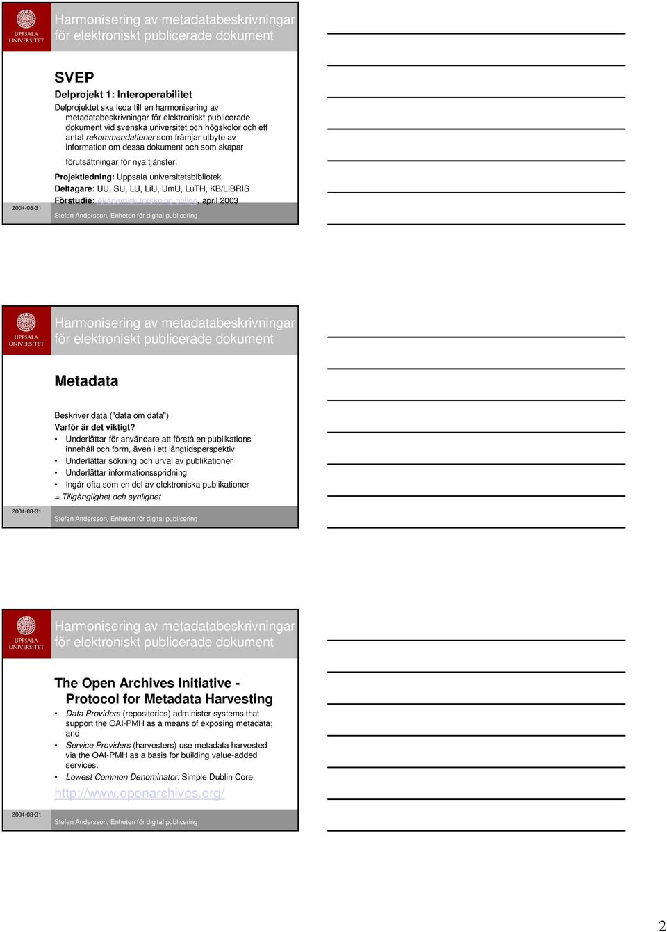 Projektledning: Uppsala universitetsbibliotek Deltagare: UU, SU, LU, LiU, UmU, LuTH, KB/LIBRIS Förstudie: Akademisk forskning online, april 2003 Metadata Beskriver data ("data om data") Varför är det