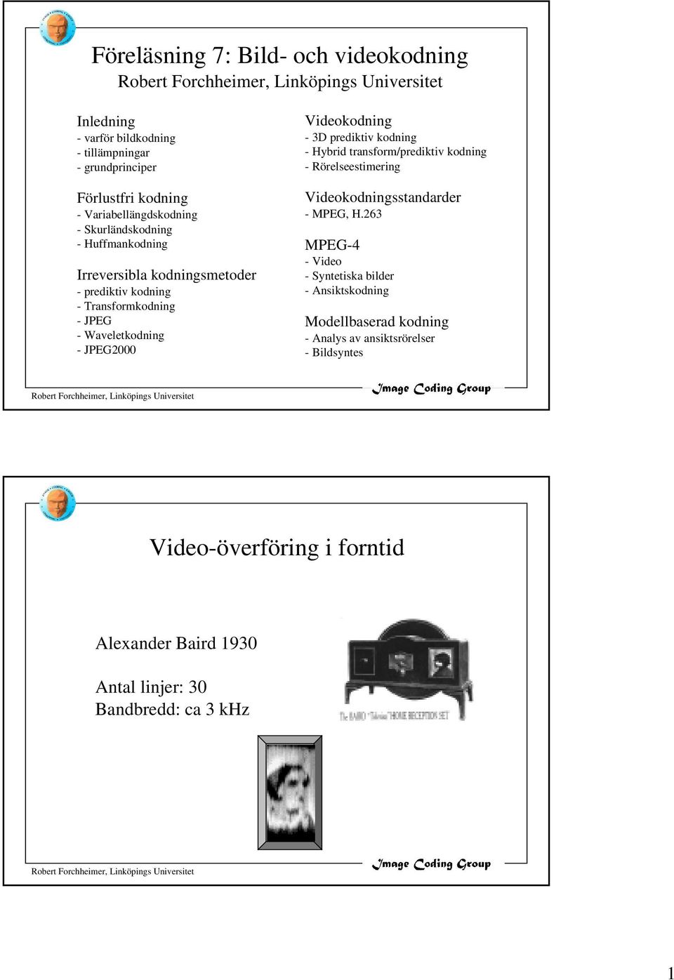 3D prediktiv kodning - Hybrid transform/prediktiv kodning - Rörelseestimering Videokodningsstandarder - MPEG, H.