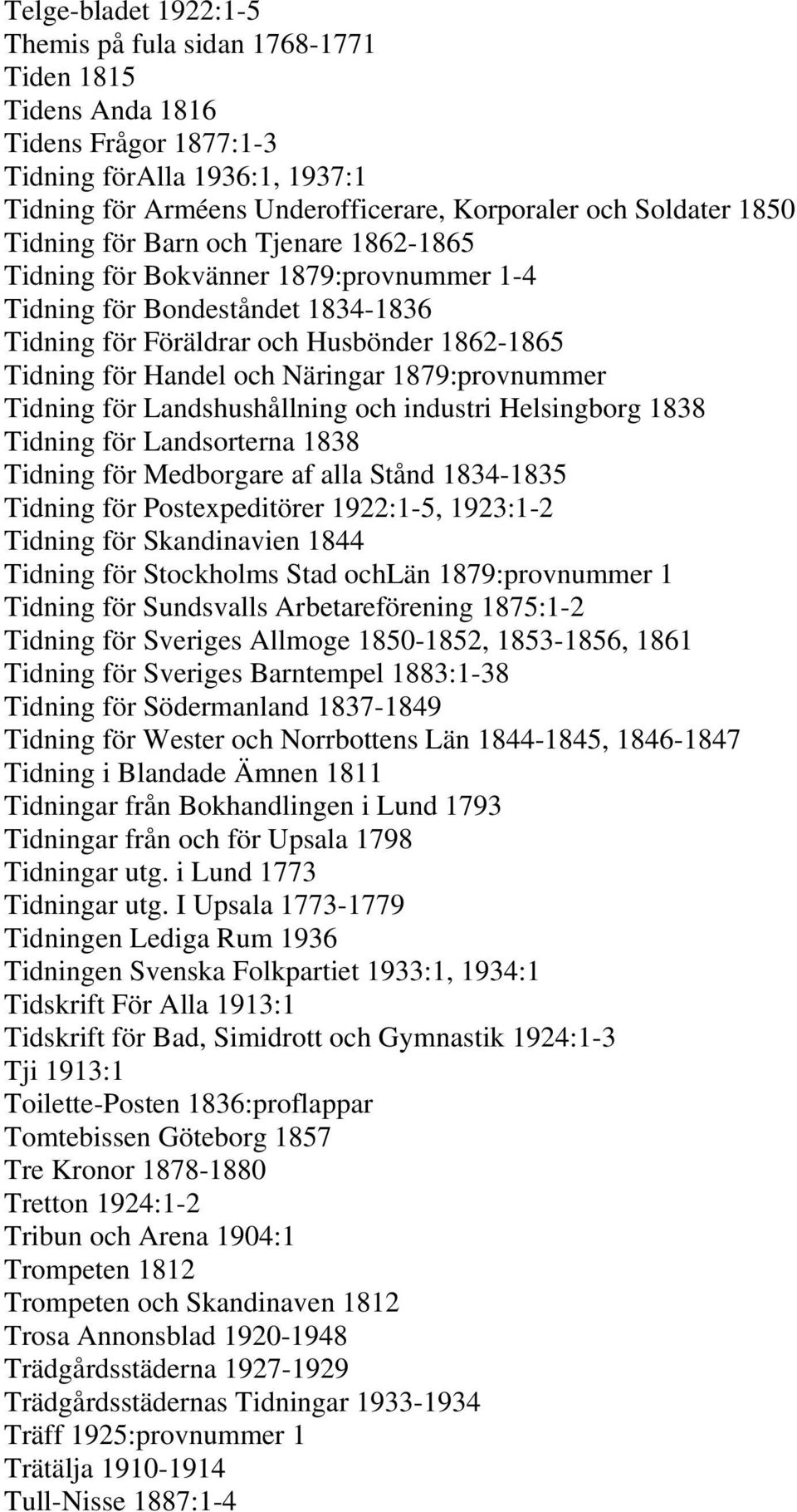 1879:provnummer Tidning för Landshushållning och industri Helsingborg 1838 Tidning för Landsorterna 1838 Tidning för Medborgare af alla Stånd 1834-1835 Tidning för Postexpeditörer 1922:1-5, 1923:1-2