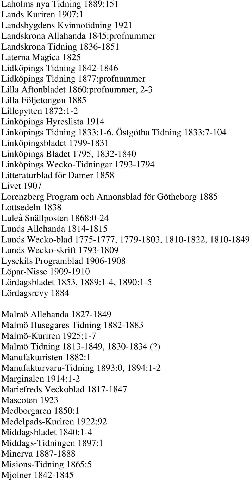 1833:7-104 Linköpingsbladet 1799-1831 Linköpings Bladet 1795, 1832-1840 Linköpings Wecko-Tidningar 1793-1794 Litteraturblad för Damer 1858 Livet 1907 Lorenzberg Program och Annonsblad för Götheborg