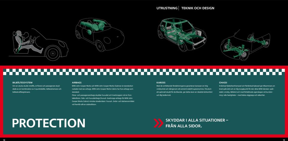 och rustade med sex airbags. MINI John Cooper Works Cabrio har fyra airbags som vridstyvhet och därigenom ett extremt stabilt kupéutrymme.