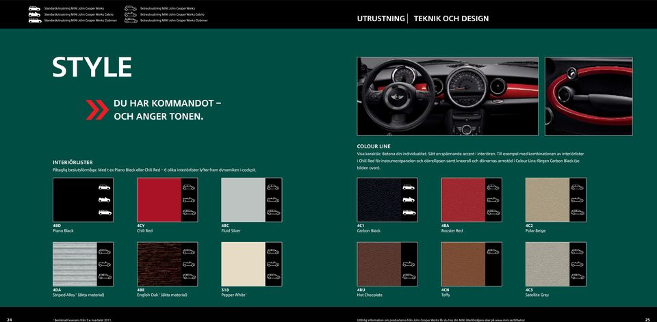 INTERIÖRLISTER Påtaglig beslutsförmåga: Med t ex Piano Black eller Chili Red 6 olika interiörlister lyfter fram dynamiken i cockpit. colour line Visa karaktär. Betona din individualitet.