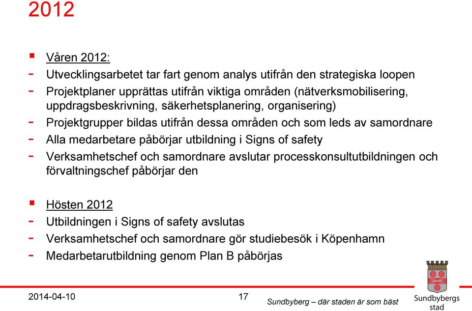 Alla medarbetare påbörjar utbildning i Signs of safety - Verksamhetschef och samordnare avslutar processkonsultutbildningen och förvaltningschef påbörjar