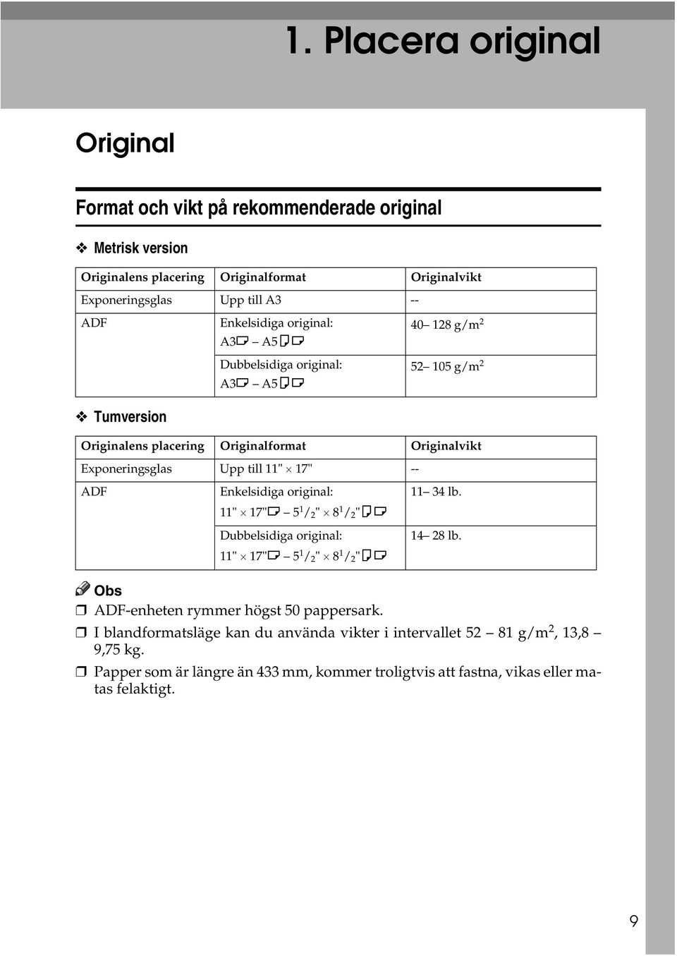 till 11" 17" -- ADF Enkelsidiga original: 11" 17"L 5 1 / " 8 1 / "KL Dubbelsidiga original: 11" 17"L 5 1 / " 8 1 / "KL 11 34 lb. 14 8 lb.