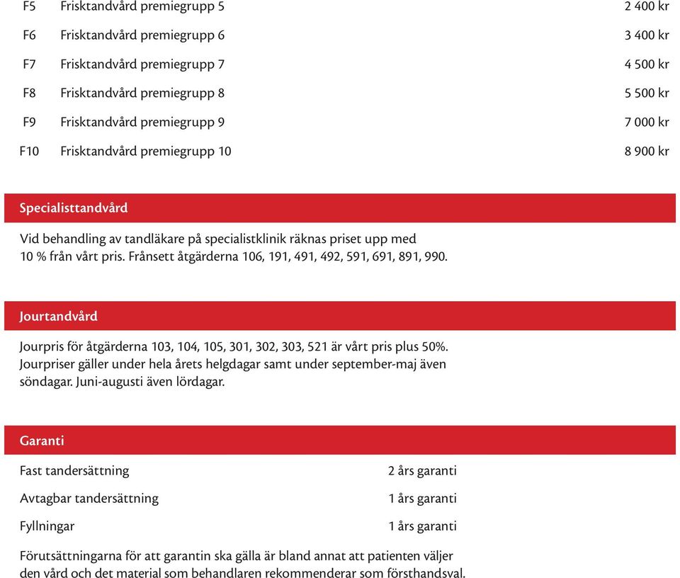 Frånsett åtgärderna 106, 191, 491, 492, 591, 691, 891, 990. Jourtandvård Jourpris för åtgärderna 103, 104, 105, 301, 302, 303, 521 är vårt pris plus 50%.