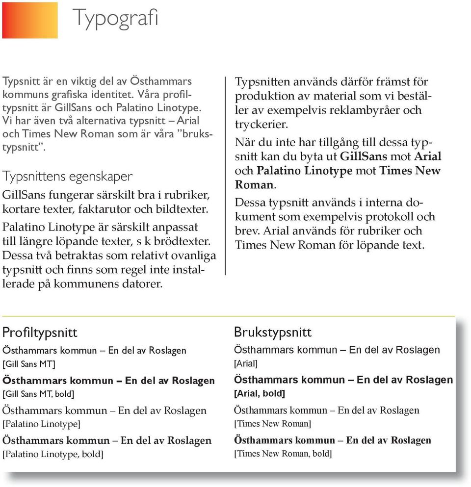 Palatino Linotype är särskilt anpassat till längre löpande texter, s k brödtexter. Dessa två betraktas som relativt ovanliga typsnitt och finns som regel inte installerade på kommunens datorer.