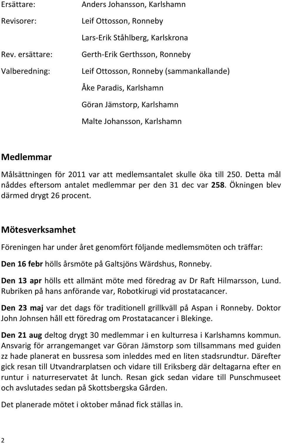 2011 var att medlemsantalet skulle öka till 250. Detta mål nåddes eftersom antalet medlemmar per den 31 dec var 258. Ökningen blev därmed drygt 26 procent.