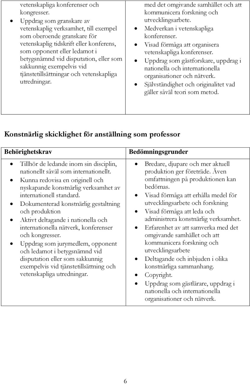 sakkunnig exempelvis vid tjänstetillsättningar och vetenskapliga utredningar. med det omgivande samhället och att kommunicera forskning och utvecklingsarbete. Medverkan i vetenskapliga konferenser.