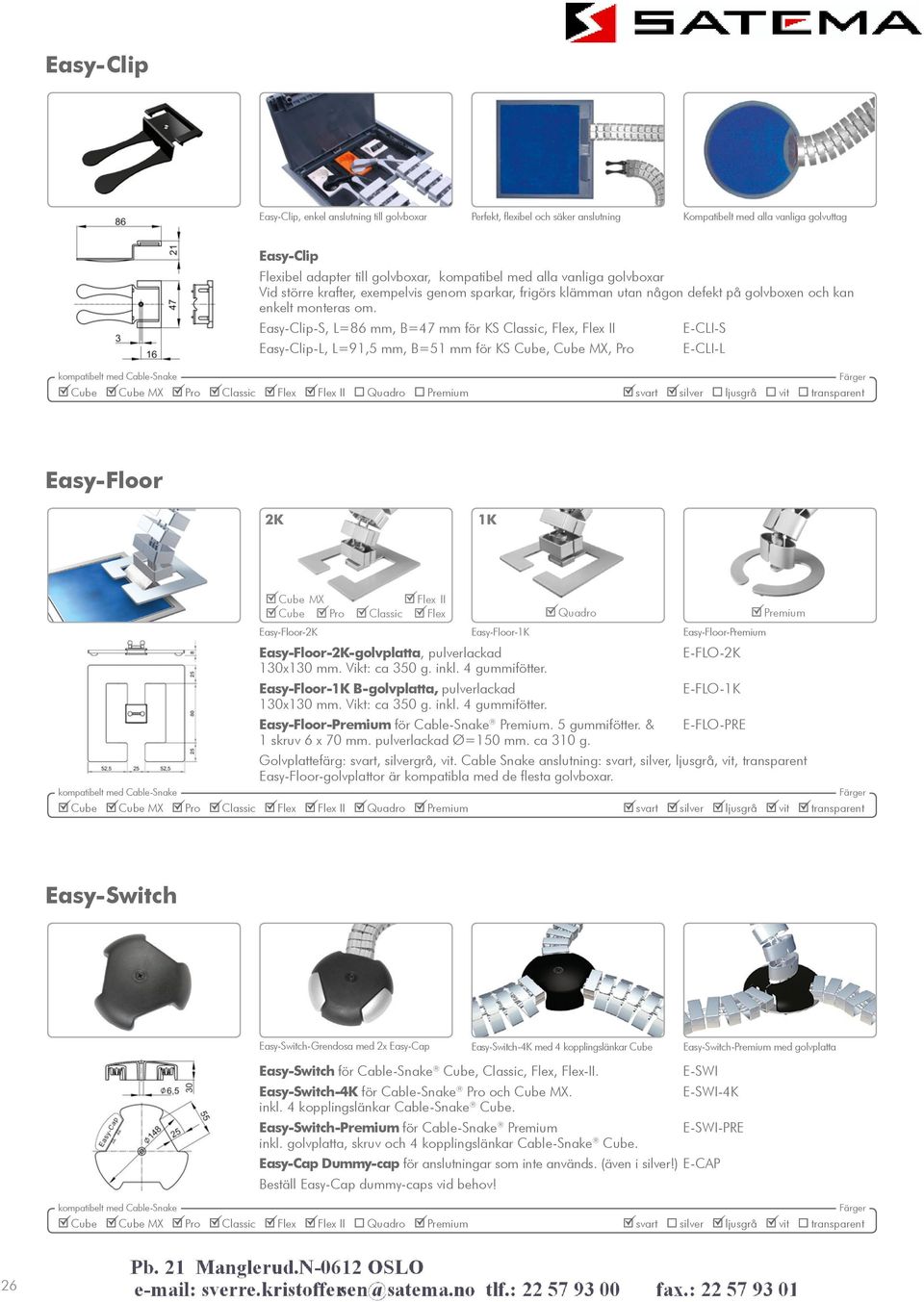 Easy-Clip-S, L=86 mm, B=47 mm för KS Classic, Flex, Flex II E-CLI-S Easy-Clip-L, L=91,5 mm, B=51 mm för KS Cube, Cube MX, Pro E-CLI-L Easy-Floor 2K 1K Cube MX Flex II Cube Pro Classic Flex Quadro