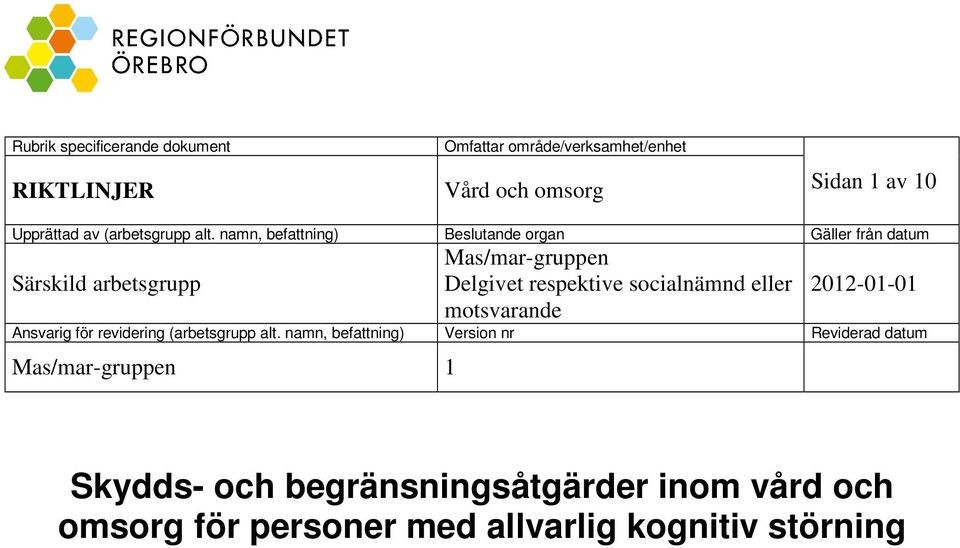 namn, befattning) Beslutande organ Gäller från datum Särskild arbetsgrupp Mas/mar-gruppen Delgivet respektive socialnämnd