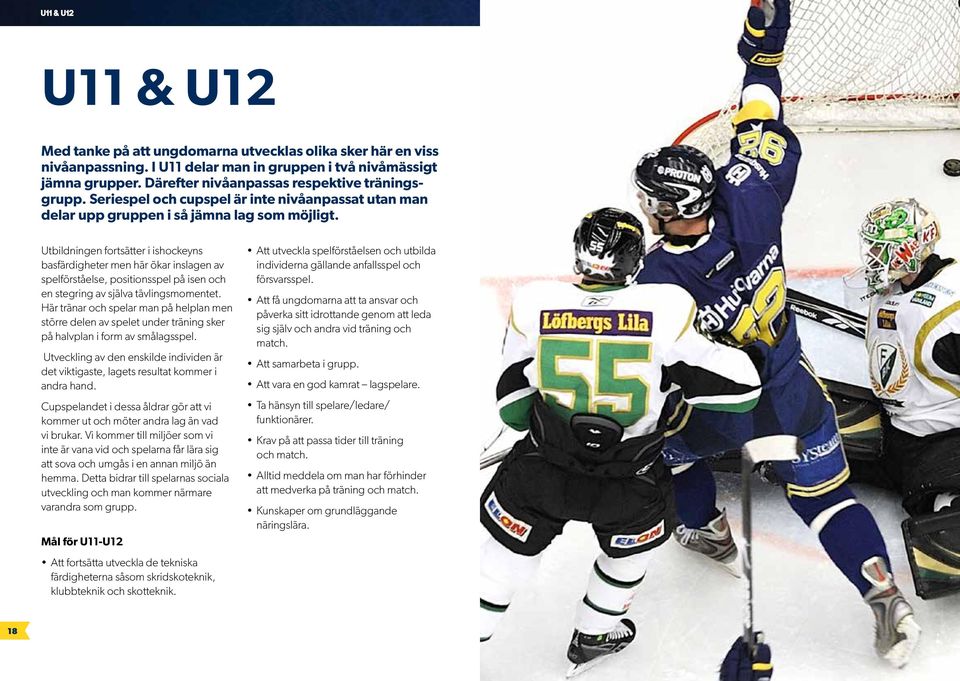 Utbildningen fortsätter i ishockeyns basfärdigheter men här ökar inslagen av spelförståelse, positionsspel på isen och en stegring av själva tävlingsmomentet.