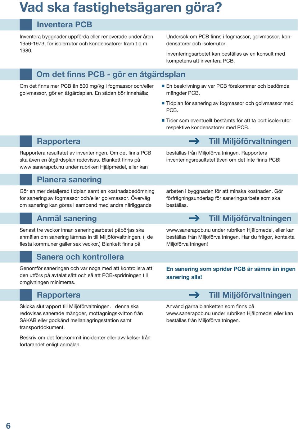 Om det finns mer PCB än 500 mg/kg i fogmassor och/eller golvmassor, gör en åtgärdsplan. En sådan bör innehålla: En beskrivning av var PCB förekommer och bedömda mängder PCB.