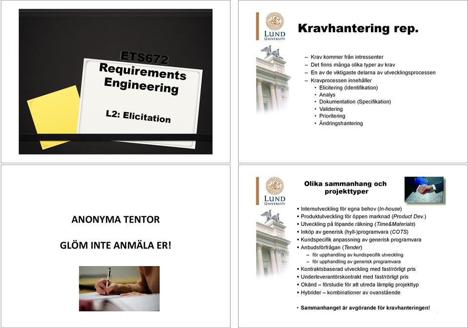 (Specifikation) Validering Prioritering Ändringshantering Olika sammanhang och projekttyper ANONYMA&TENTOR& & GLÖM&INTE&ANMÄLA&ER!&! Internutveckling för egna behov (In-house)!